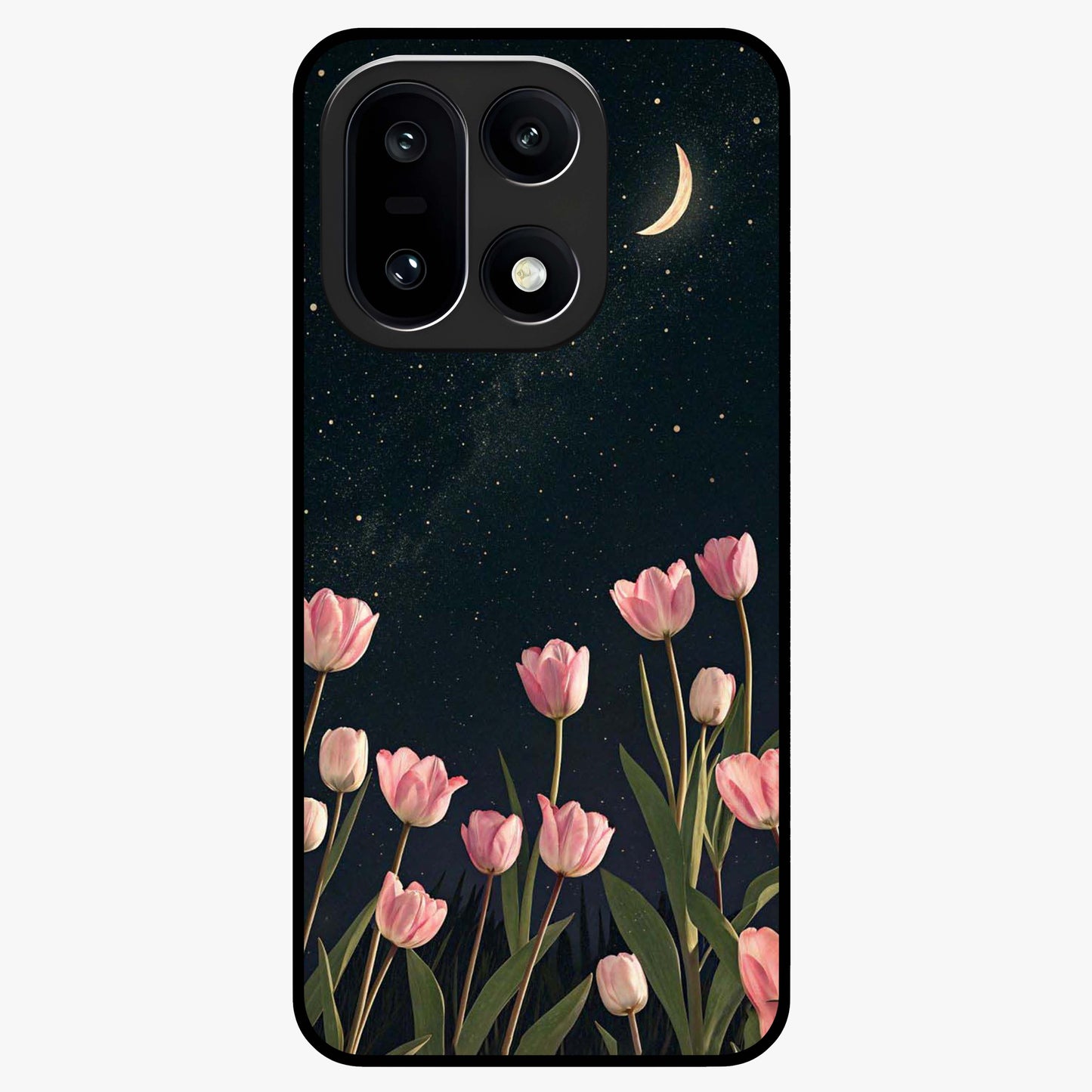 Midnight Tulip Whispers Vibe Glass Case for 1+15 elegant front view featuring tulip floral artwork on dark background