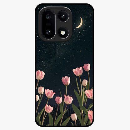 Midnight Tulip Whispers Vibe Glass Case for 1+15 elegant front view featuring tulip floral artwork on dark background
