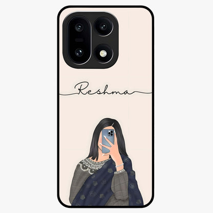 Mirror Mood Muse With Custom Name Glass Case for 1+15 stylish front view featuring aesthetic artwork with personalized name detail