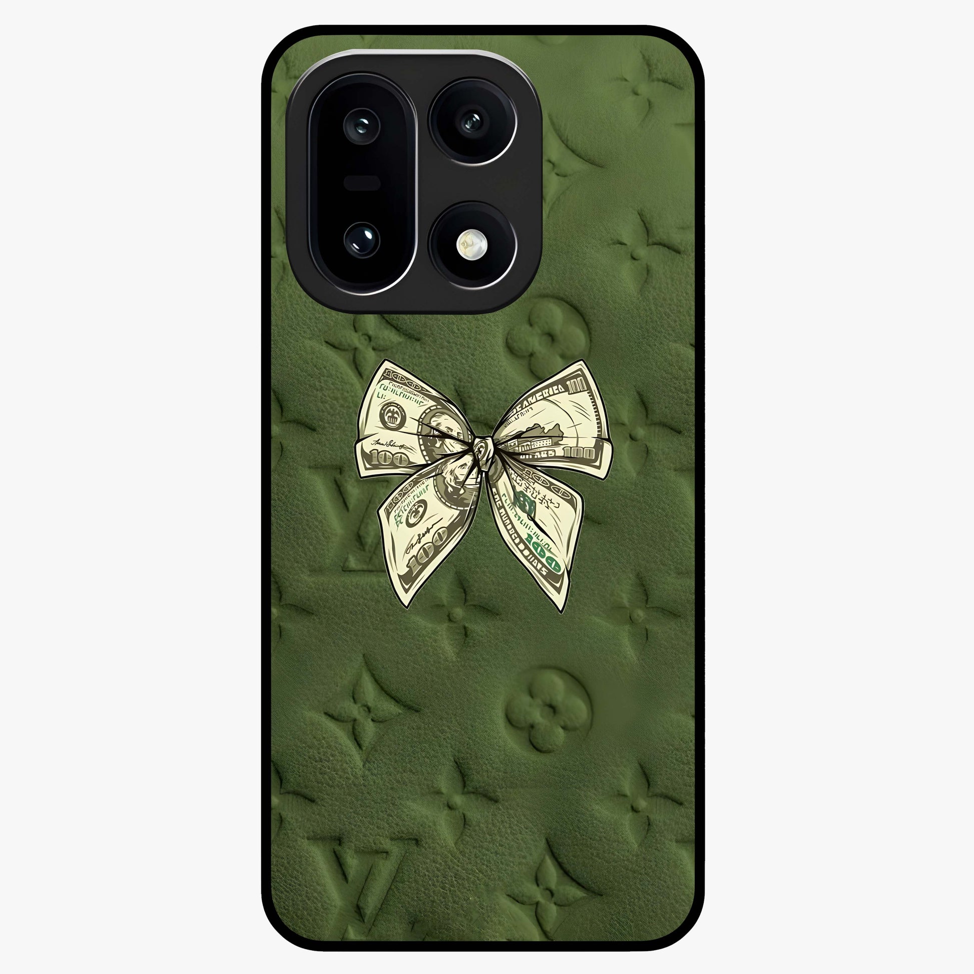 Money Bow Lv Glass Case for 1+15 luxury inspired front view featuring bold fashion themed artwork