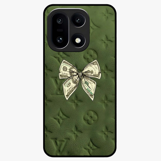 Money Bow Lv Glass Case for 1+15 luxury inspired front view featuring bold fashion themed artwork