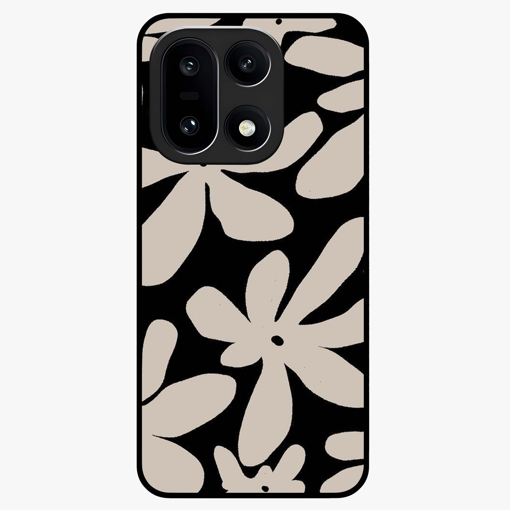 Monochrome Petal Dance Glass Case for 1+15 artistic front view featuring black and white floral artwork