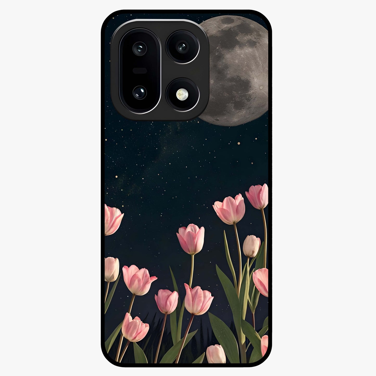 Moonlit Night Tulip Glass Case for 1+15 serene front view featuring tulip floral artwork in midnight tones