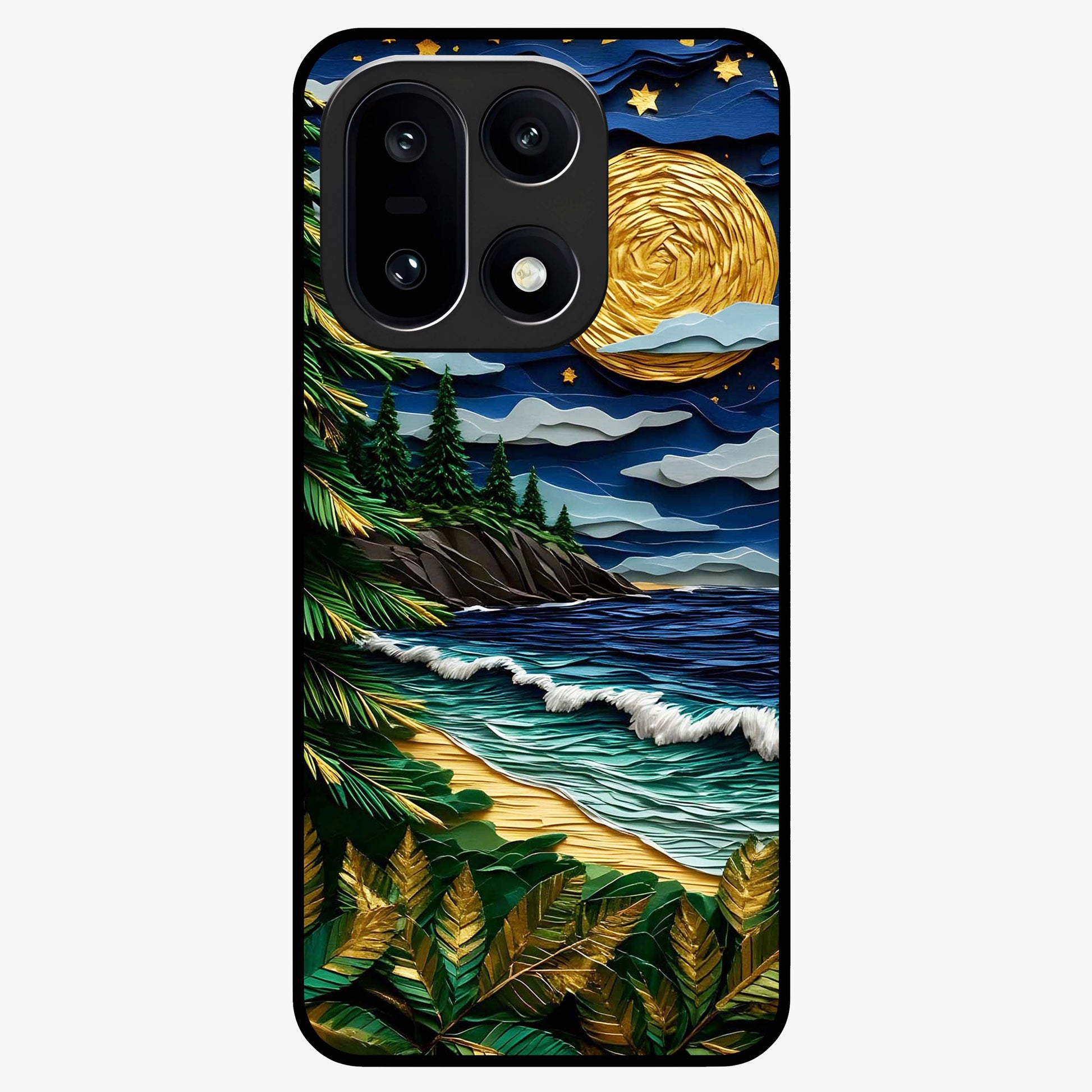 Moonlit Ocean Pines Glass Case for 1+15 scenic front view featuring pine trees by ocean under moonlit sky