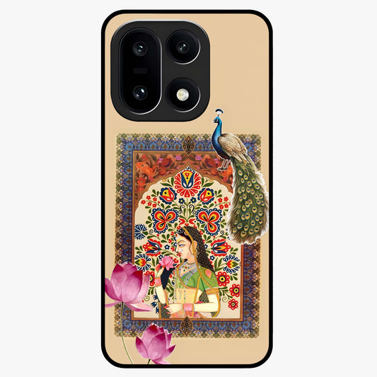 Mughal Princess and Peacock Glass Case for 1+15 royal front view featuring intricate princess and peacock artwork