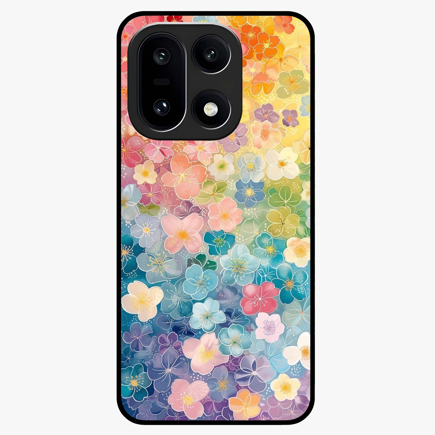 Multiple Background With Flower Glass Case for 1+15 vibrant front view featuring layered floral artwork on mixed backgrounds
