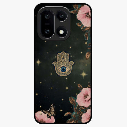 Mystic Bloom Protection Glass Case for 1+15 artistic front view featuring floral artwork with protective mystic elements