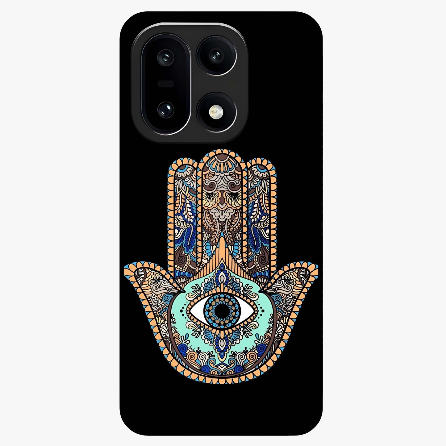 Mystic Hamsa Eye Glass Case for 1+15 symbolic front view featuring traditional hamsa eye artwork