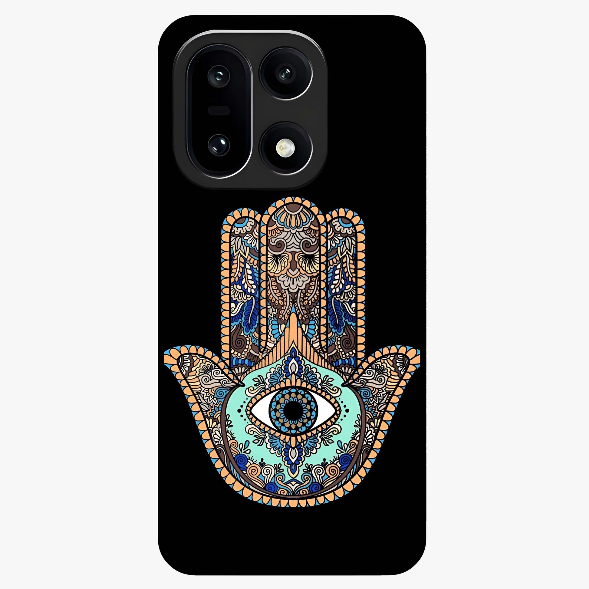 Mystic Hamsa Eye Glass Case for 1+15 symbolic front view featuring traditional hamsa eye artwork