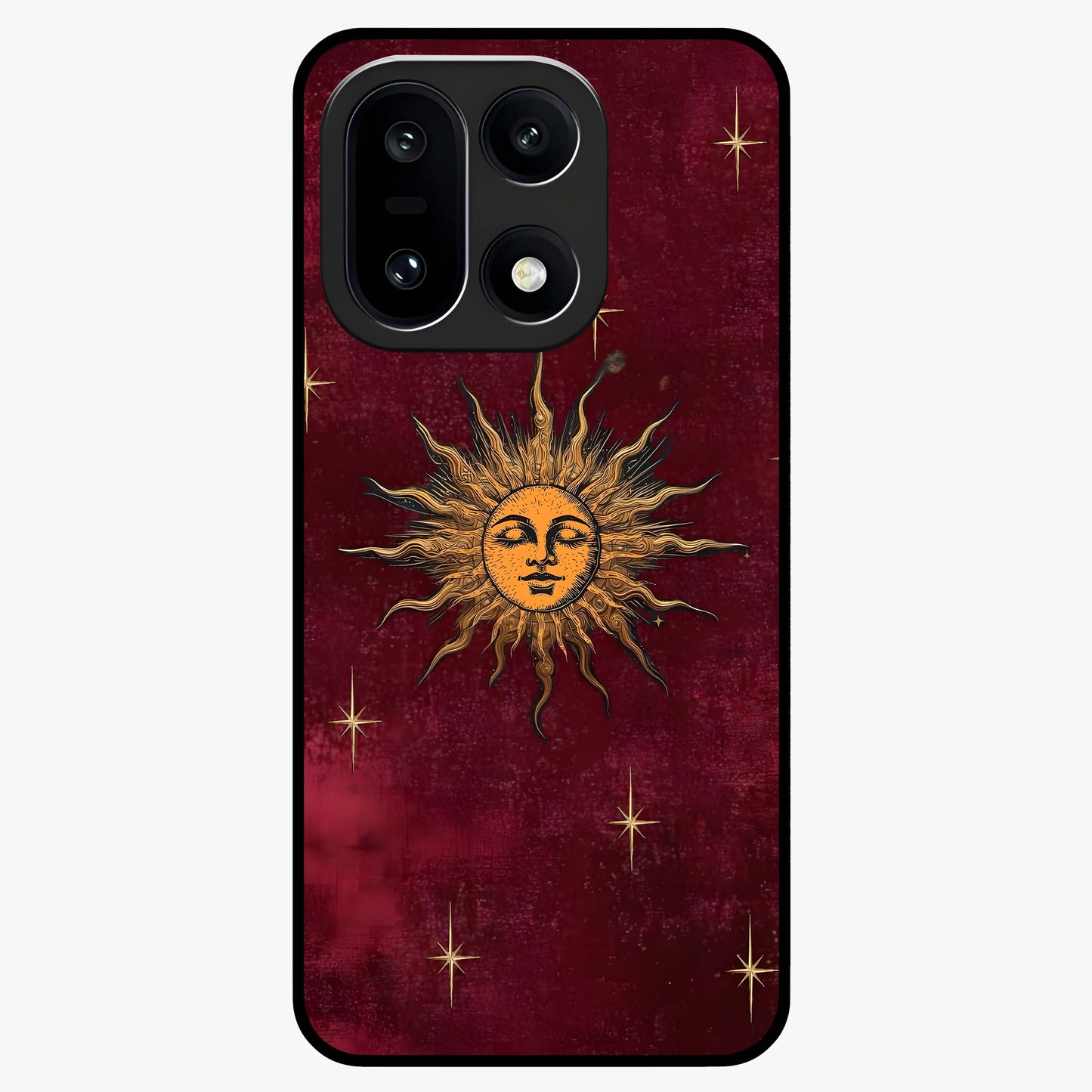 Mystic Solar Glow Glass Case for 1+15 radiant front view featuring glowing sun inspired mystical artwork