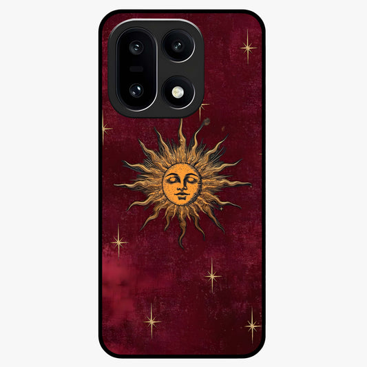 Mystic Solar Glow Glass Case for 1+15 radiant front view featuring glowing sun inspired mystical artwork