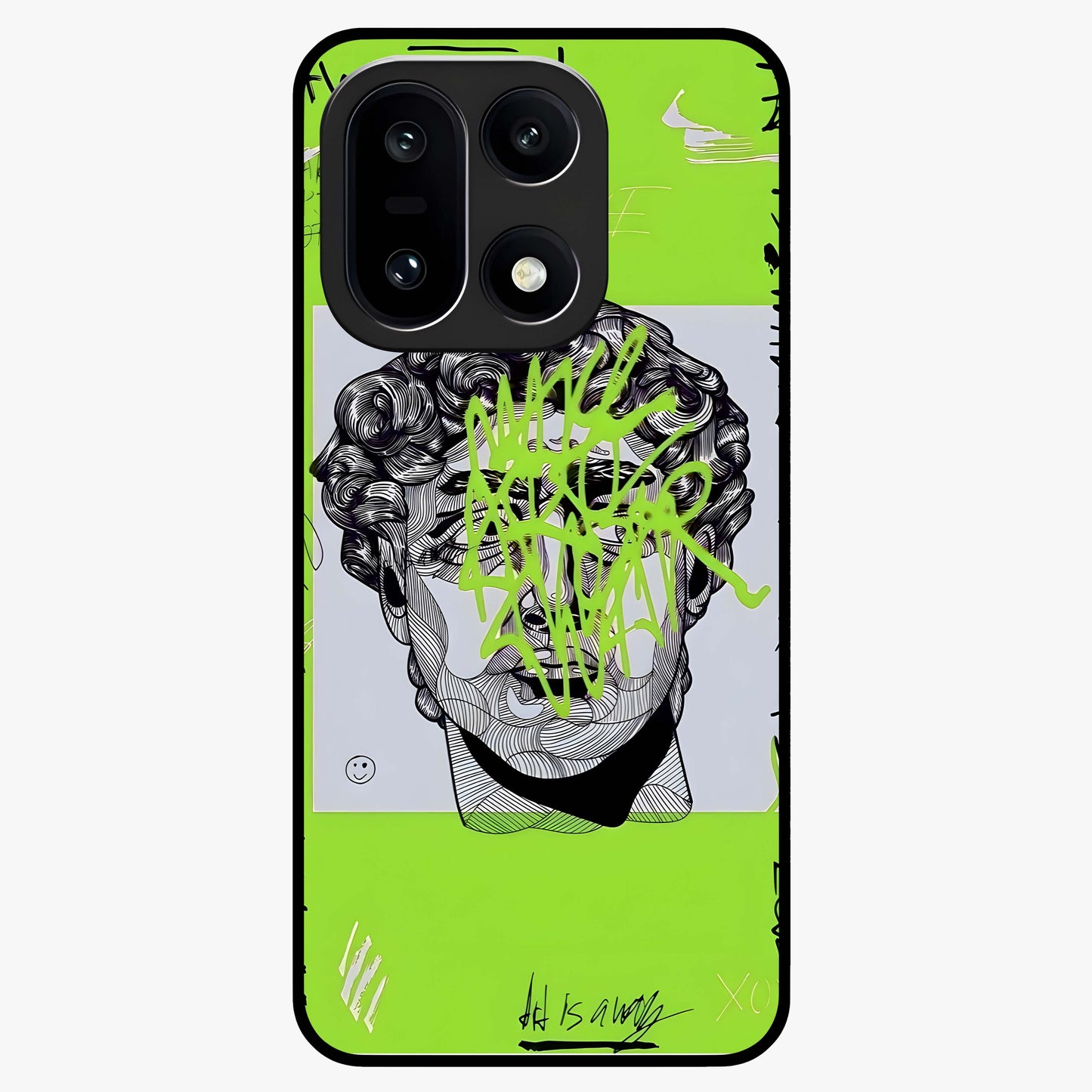Neo Graffiti Rebellion Glass Case for 1+15 edgy front view featuring bold graffiti style artwork