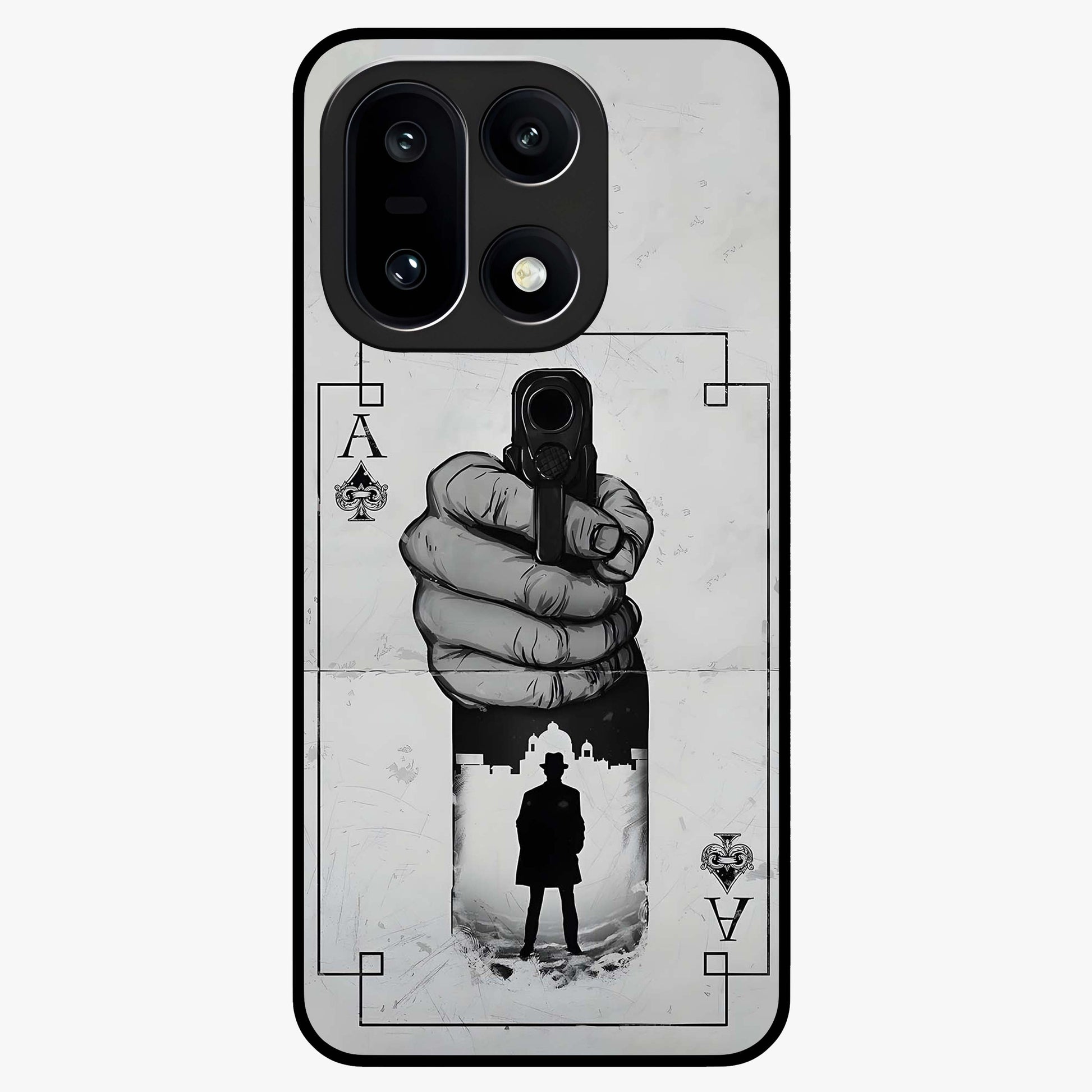 Noir Trigger Fate Glass Case for 1+15 dramatic front view featuring bold noir themed artistic artwork
