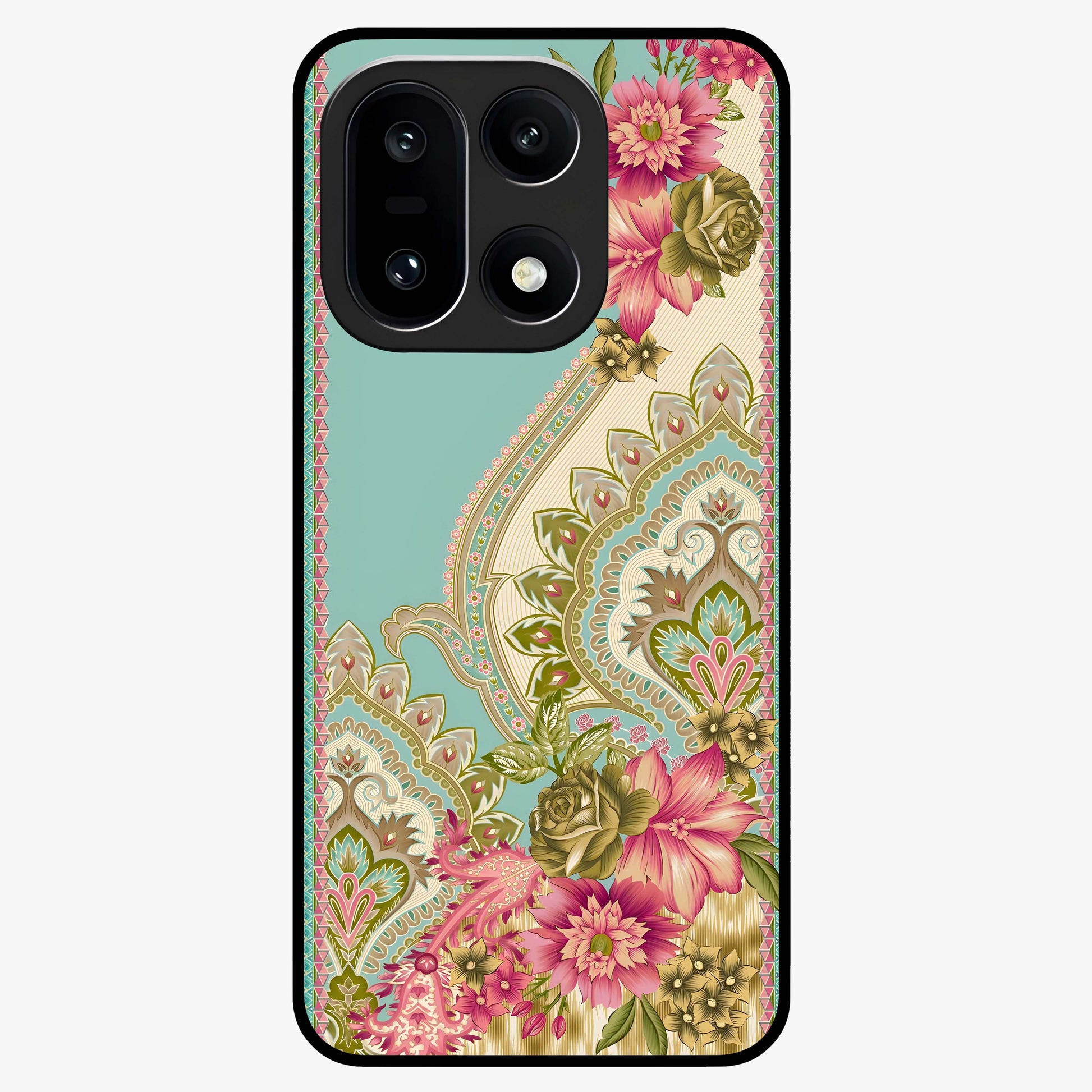 Ornate Mughal Floral Pattern Glass Case for 1+15 royal front view featuring intricate Mughal inspired floral artwork