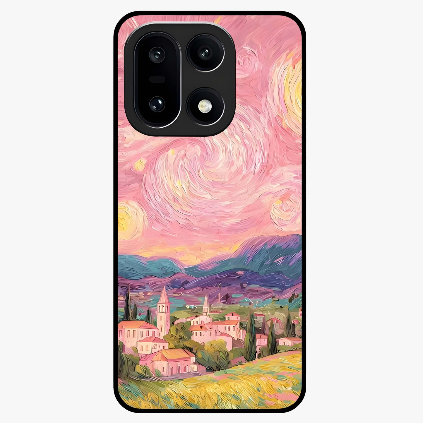 Pastel Starry Village Glass Case for 1+15 dreamy front view featuring village artwork under pastel night sky