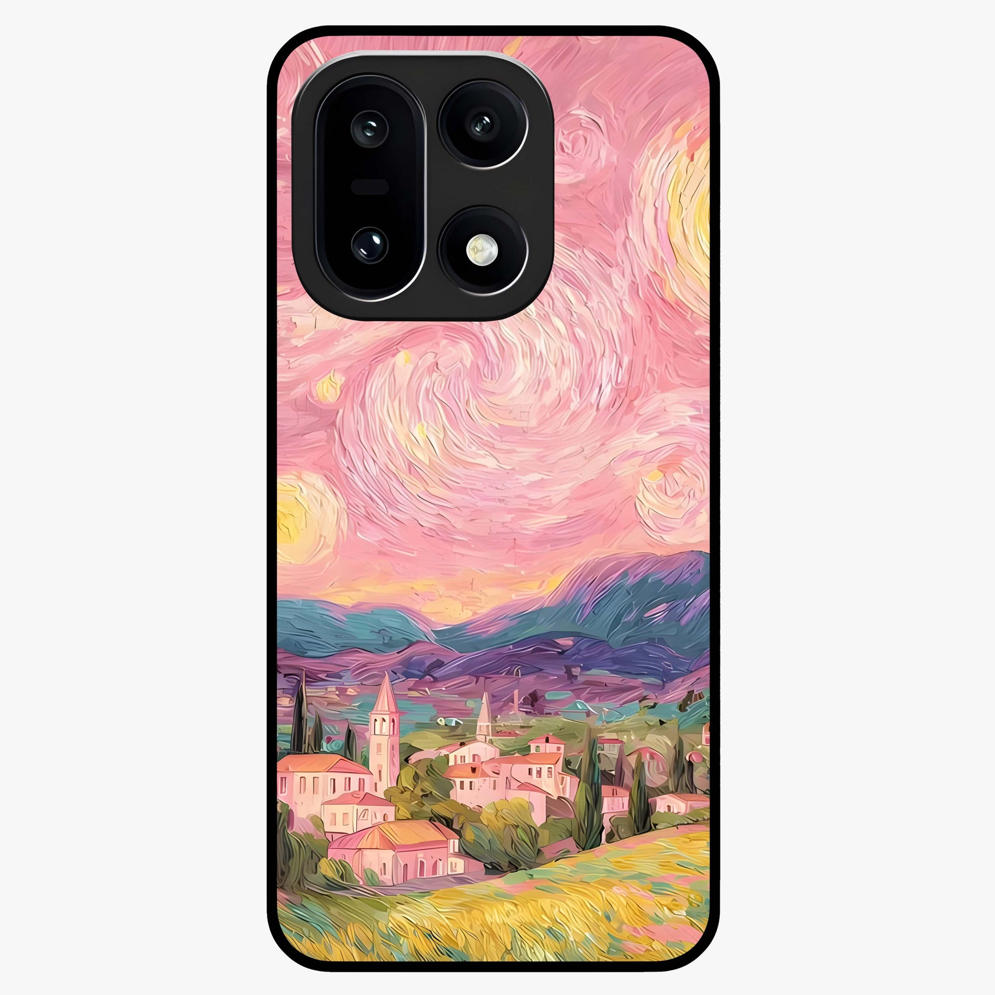Pastel Starry Village Glass Case for 1+15 dreamy front view featuring village artwork under pastel night sky