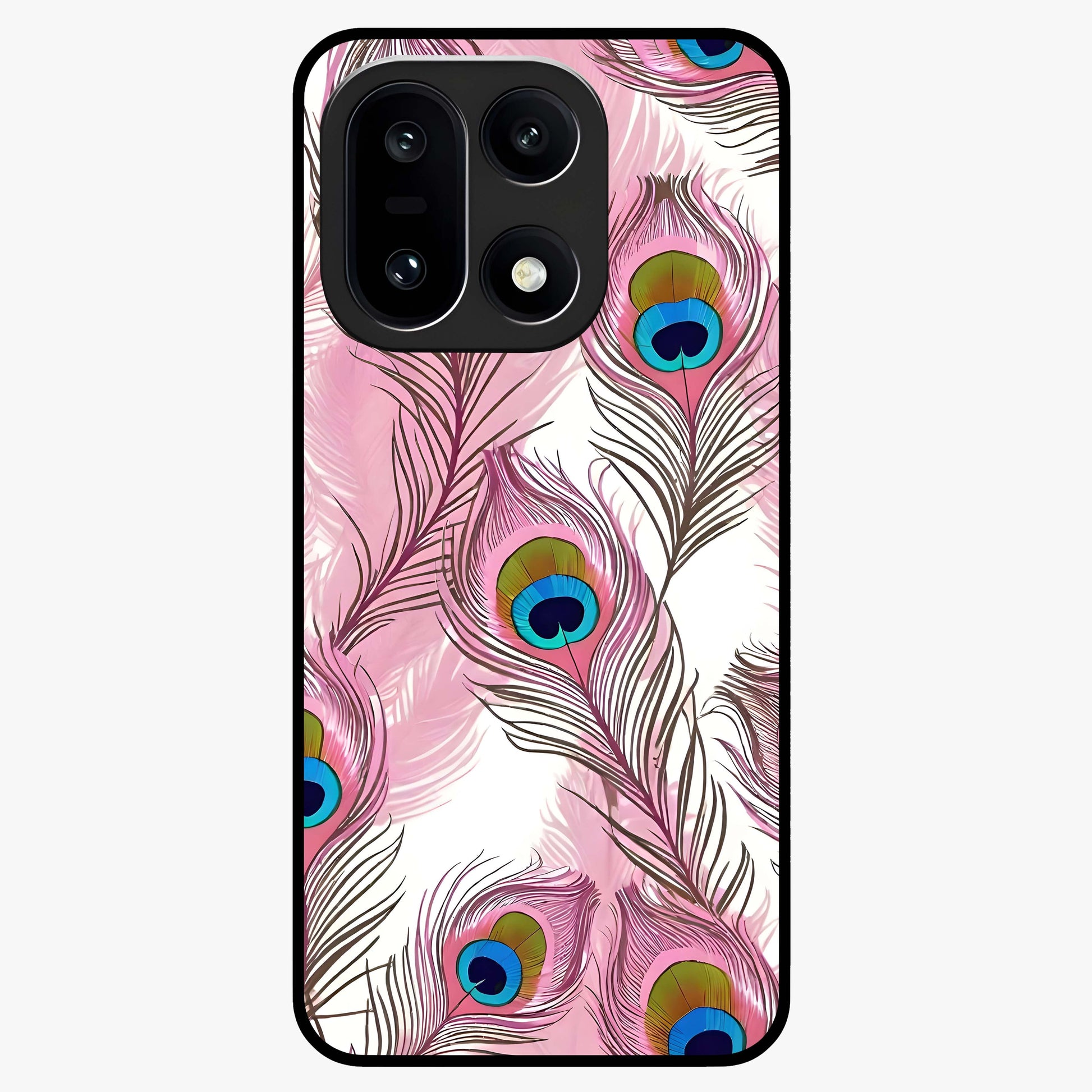 Peacock Feathers Floating Glass Case for 1+15 artistic front view featuring floating feather artwork with rich colors
