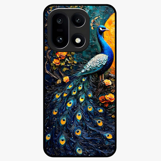 Peacock With Yellow Moon Glass Case for 1+15 striking front view featuring peacock artwork under glowing yellow moon