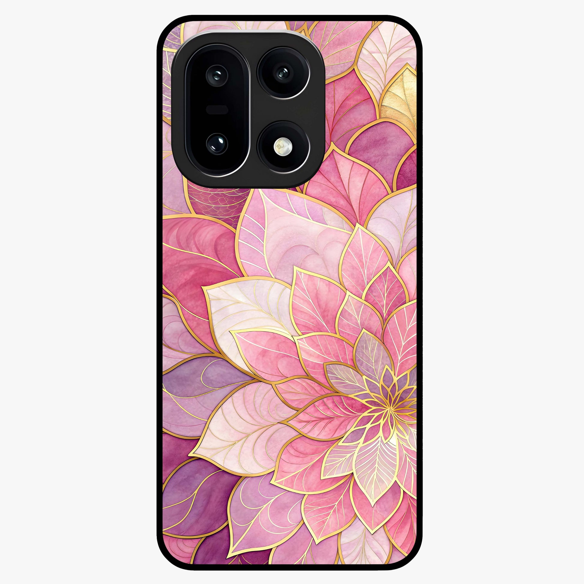 Petal Luxe Bloom Glass Case for 1+15 luxurious front view featuring refined floral artwork with rich tones