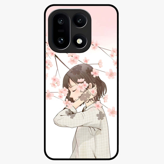 Pink Blossom Girl Glass Case for 1+15 charming front view featuring illustrated girl with pink blossom artwork
