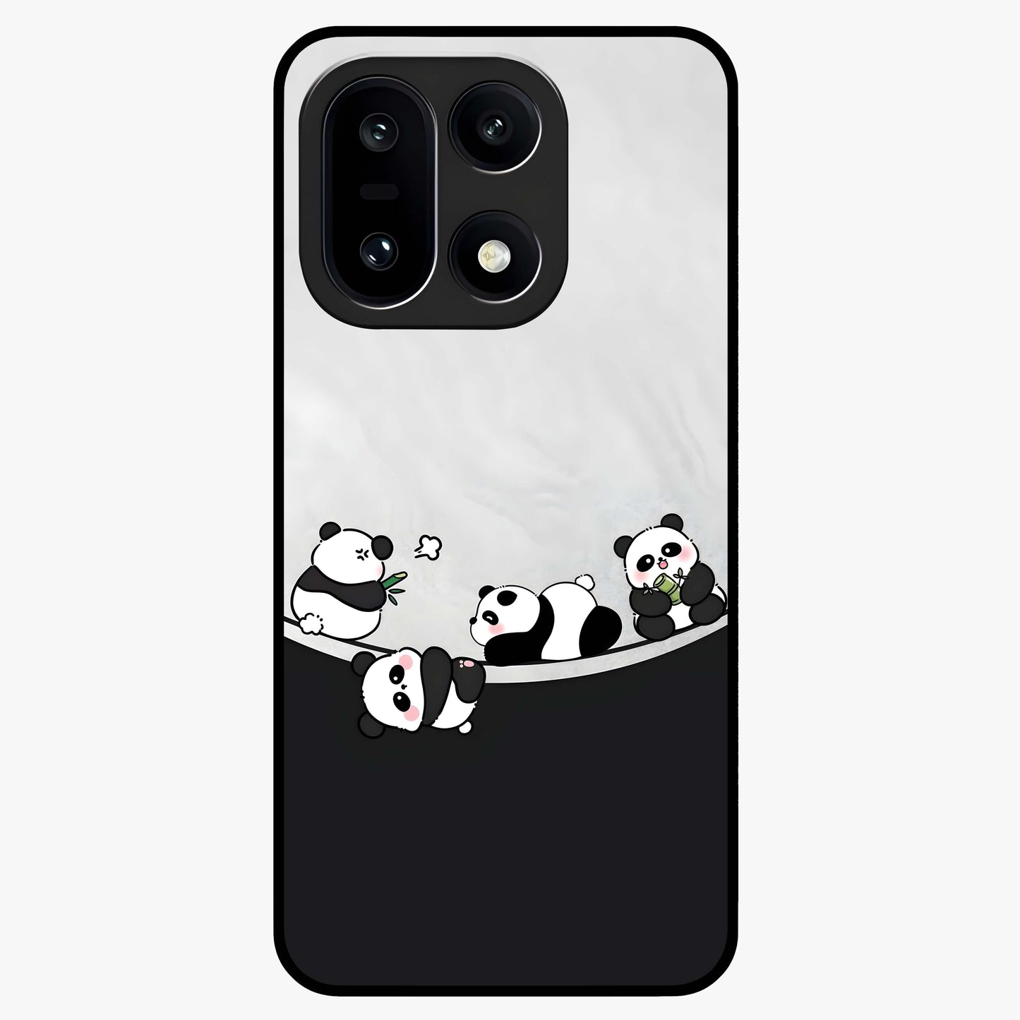Playful Panda Parade Glass Case for 1+15 adorable front view featuring cute panda artwork in lively poses