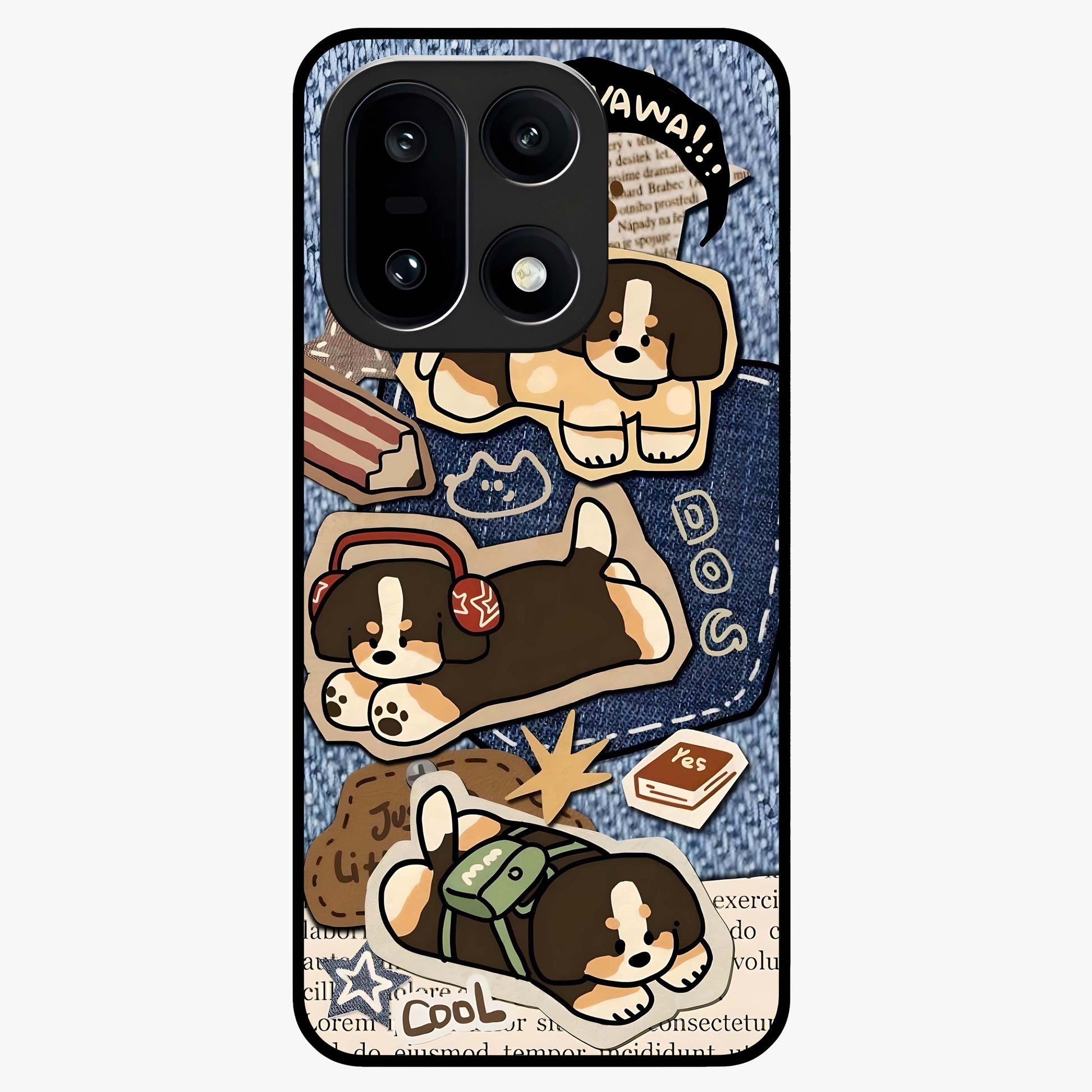 Puppy Sticker Parade Glass Case for 1+15 playful front view featuring multiple puppy sticker style artwork