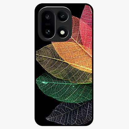 Rainbow Leaf Glow Glass Case for 1+15 colorful front view featuring vibrant leaf artwork with glowing effect