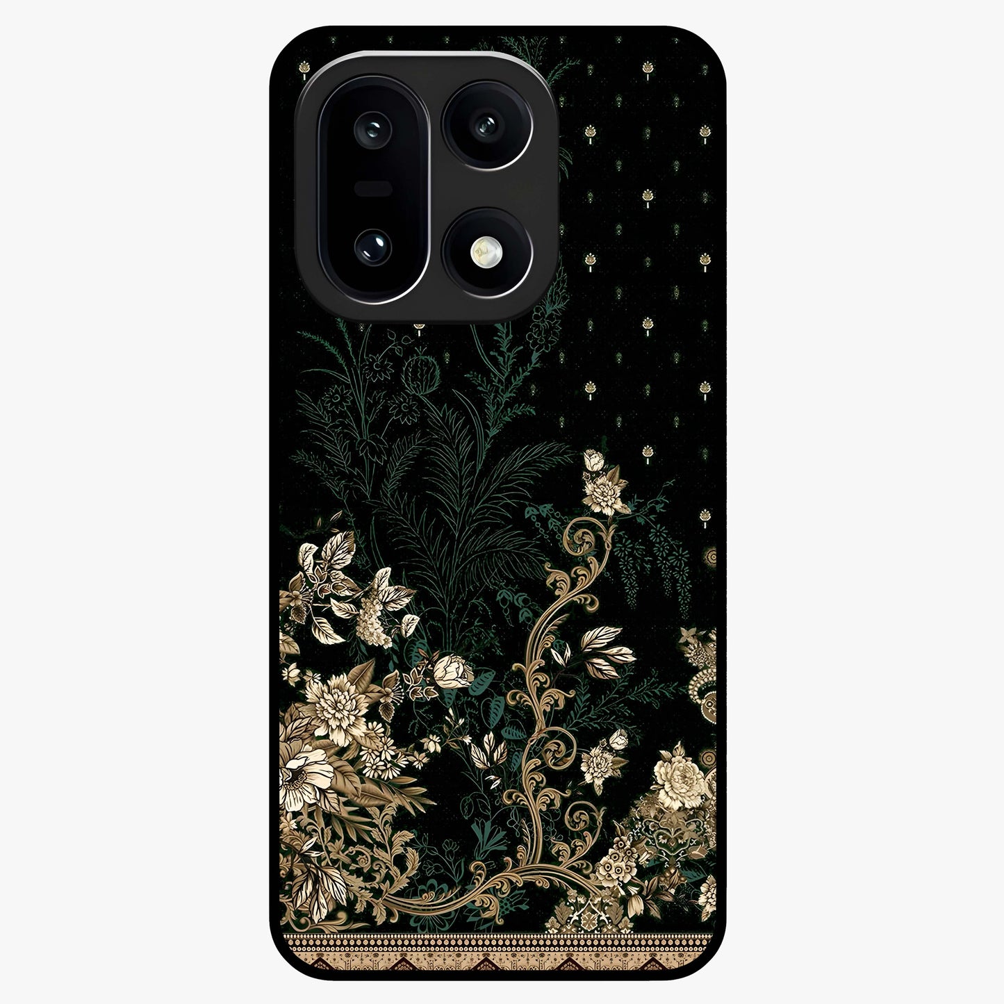 Regal Botanical Tapestry Glass Case for 1+15 luxurious front view featuring intricate botanical tapestry artwork