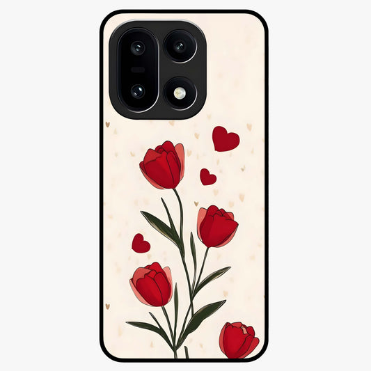 Romantic Tulip Hearts Glass Case for 1+15 sweet front view featuring tulip floral artwork with heart accents