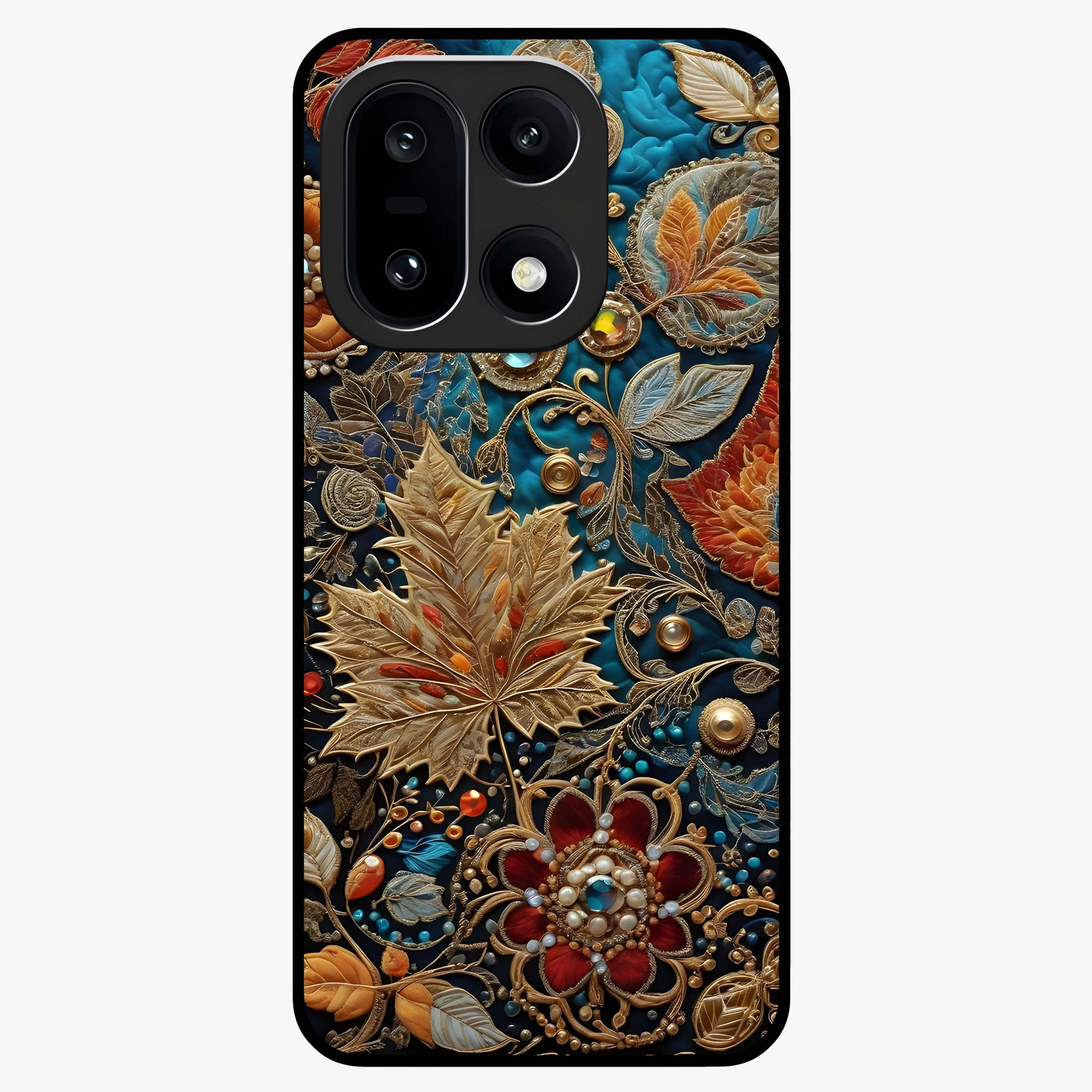 Royal Jewel Garden Glass Case for 1+15 luxurious front view featuring ornate floral artwork with jewel accents