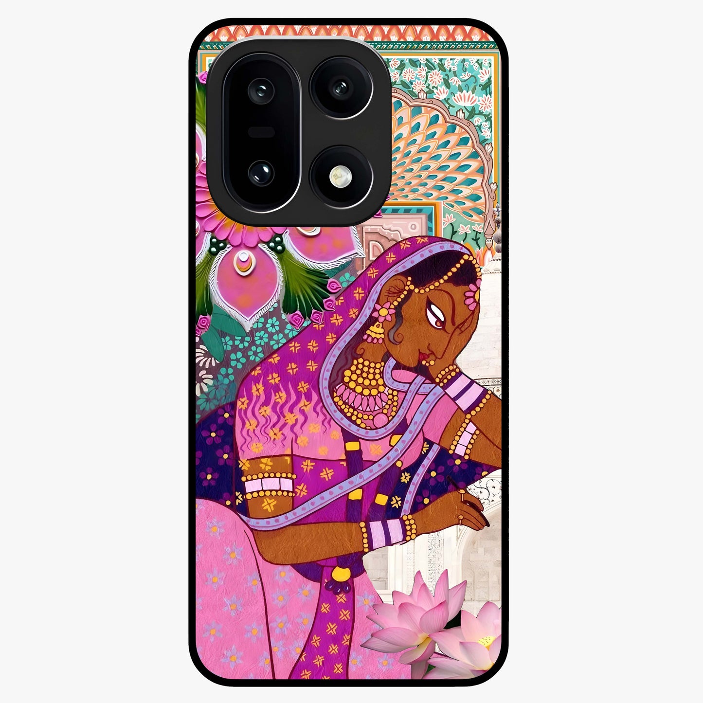 Royal Lotus Muse Glass Case for 1+15 graceful front view featuring lotus artwork with regal detailing