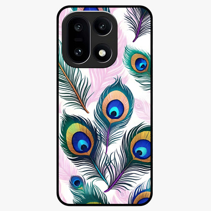 Royal Peacock Feathers Glass Case for 1+15 vibrant front view featuring detailed peacock feather artwork