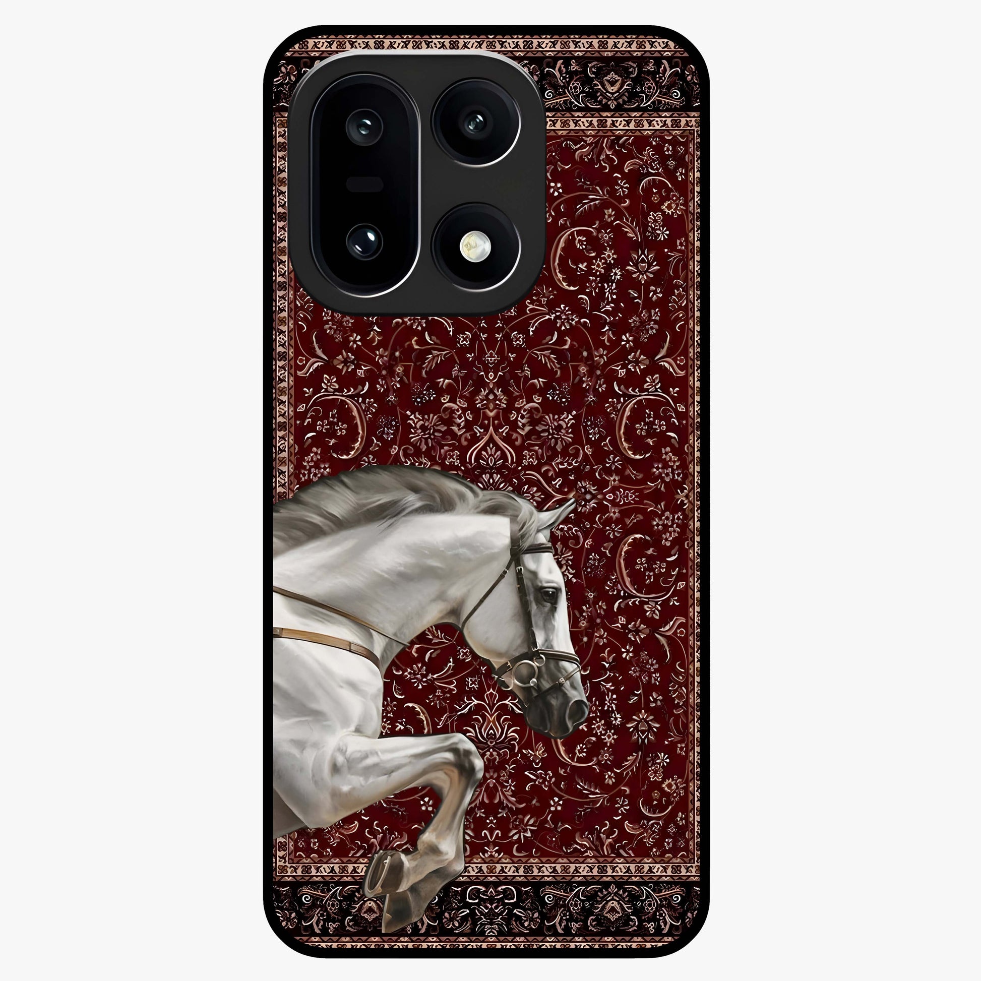 Royal Ride Rug Glass Case for 1+15 bold front view featuring intricate rug inspired artwork with riding theme