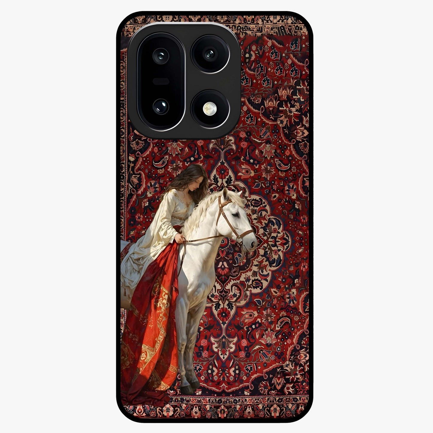 Royal Rider Tapestry Glass Case for 1+15 majestic front view featuring rider artwork in tapestry style