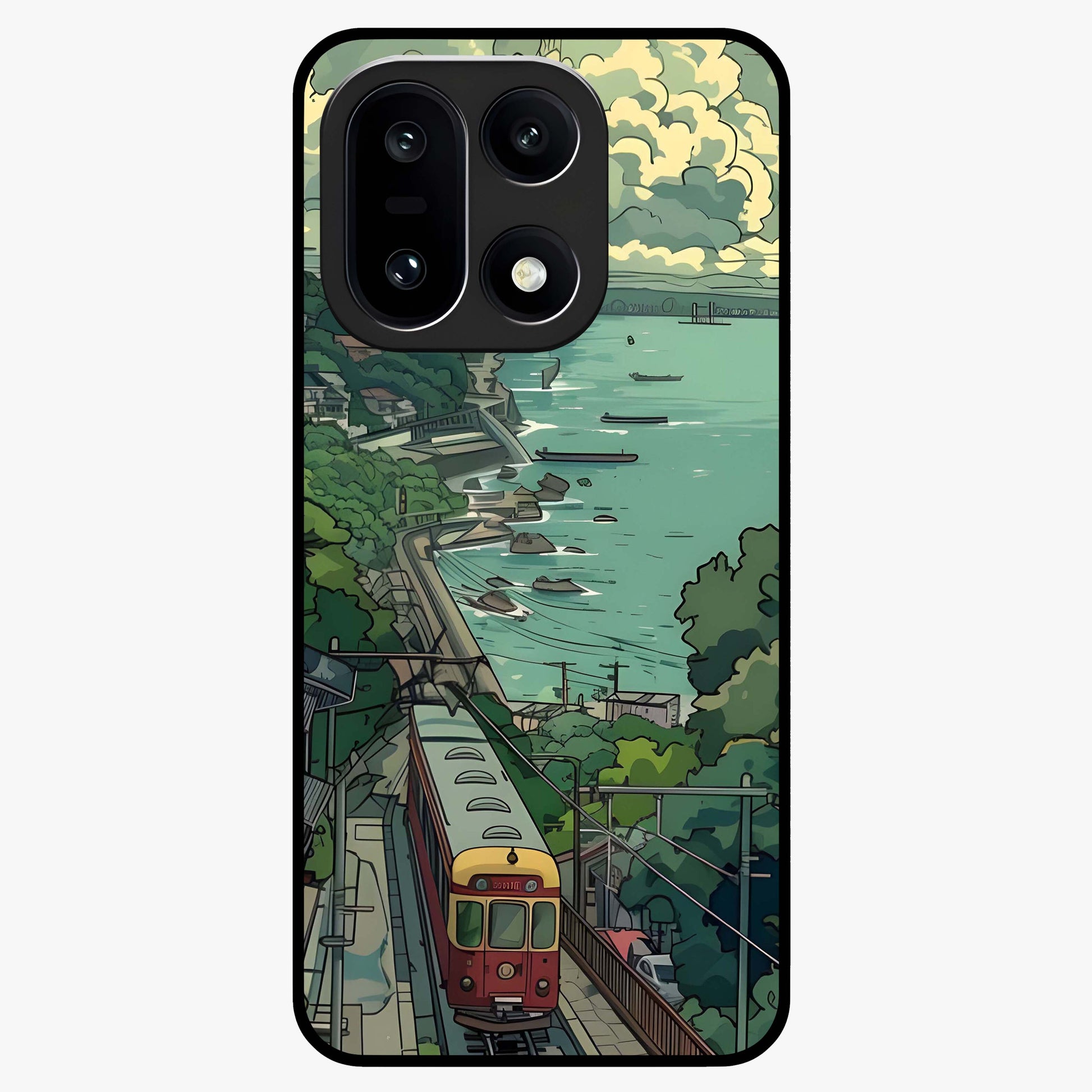 Seaside Train Ride Glass Case for 1+15 scenic front view featuring coastal train landscape artwork