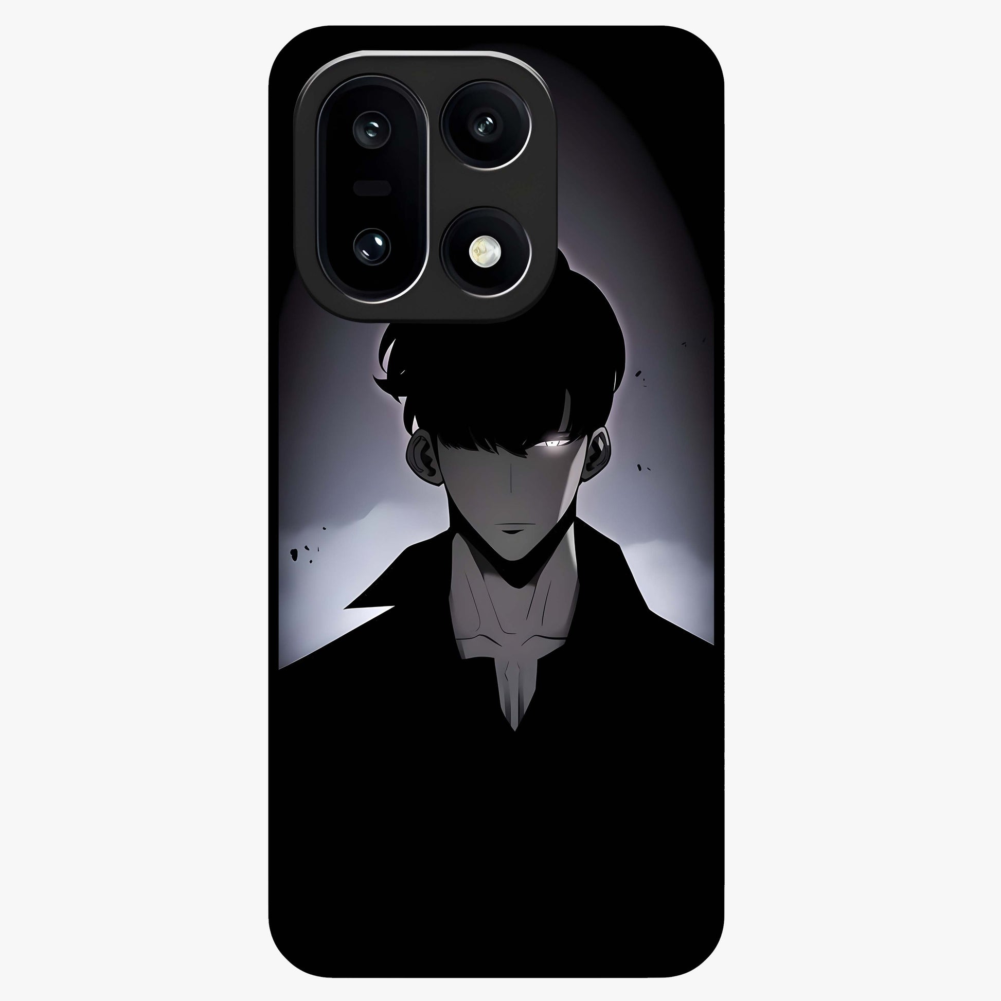 Silent Shadow Awakening Glass Case for 1+15 intense front view featuring dark warrior inspired artwork