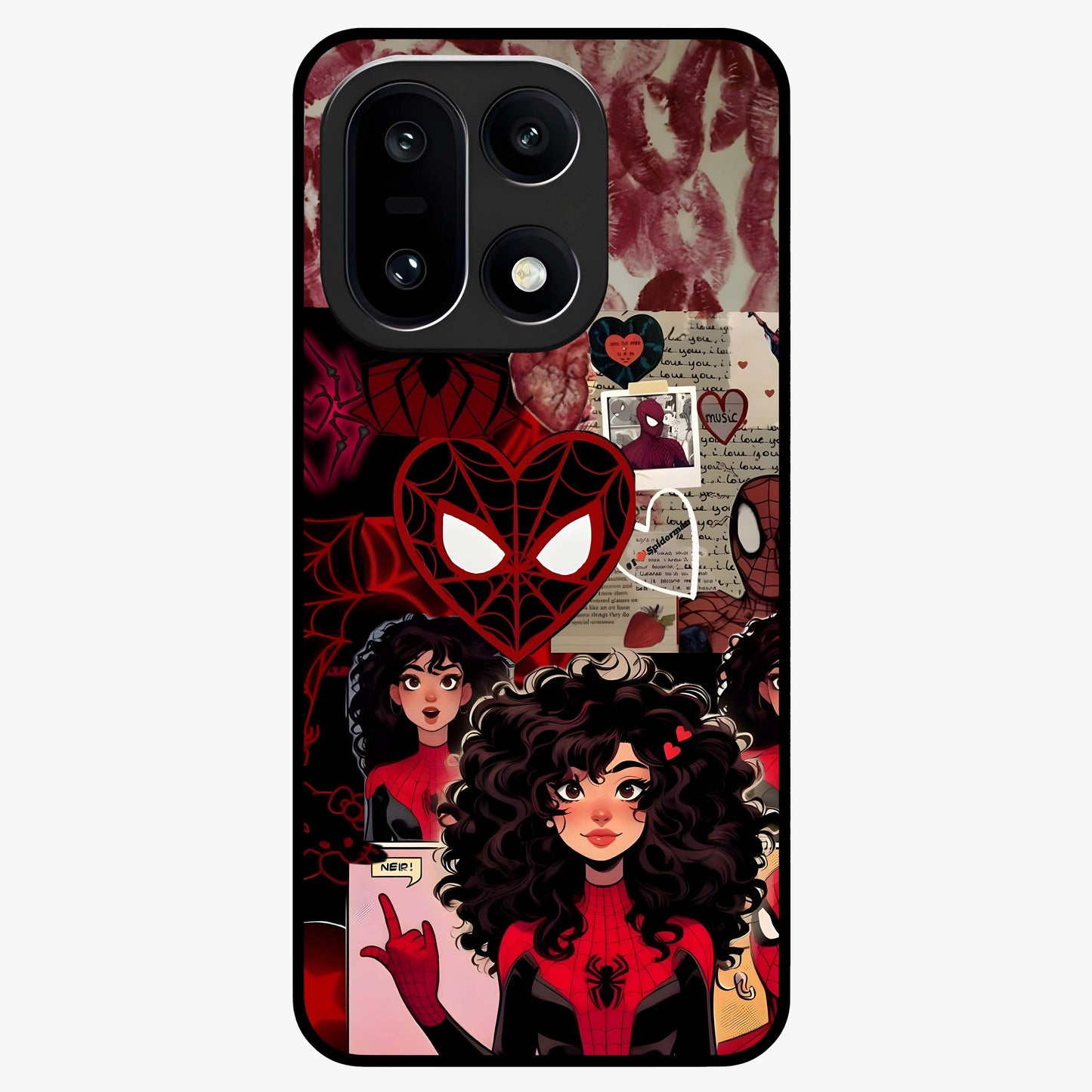 Spider Love Story Glass Case for 1+15 bold front view featuring superhero inspired romantic artwork