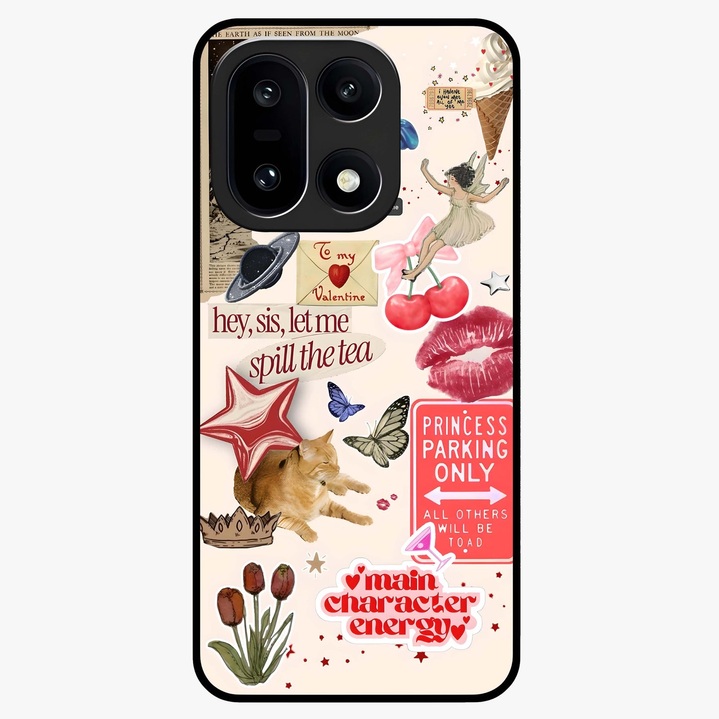 Spill the Tea Retro Collage Glass Case for 1+15 playful front view featuring vintage style collage artwork