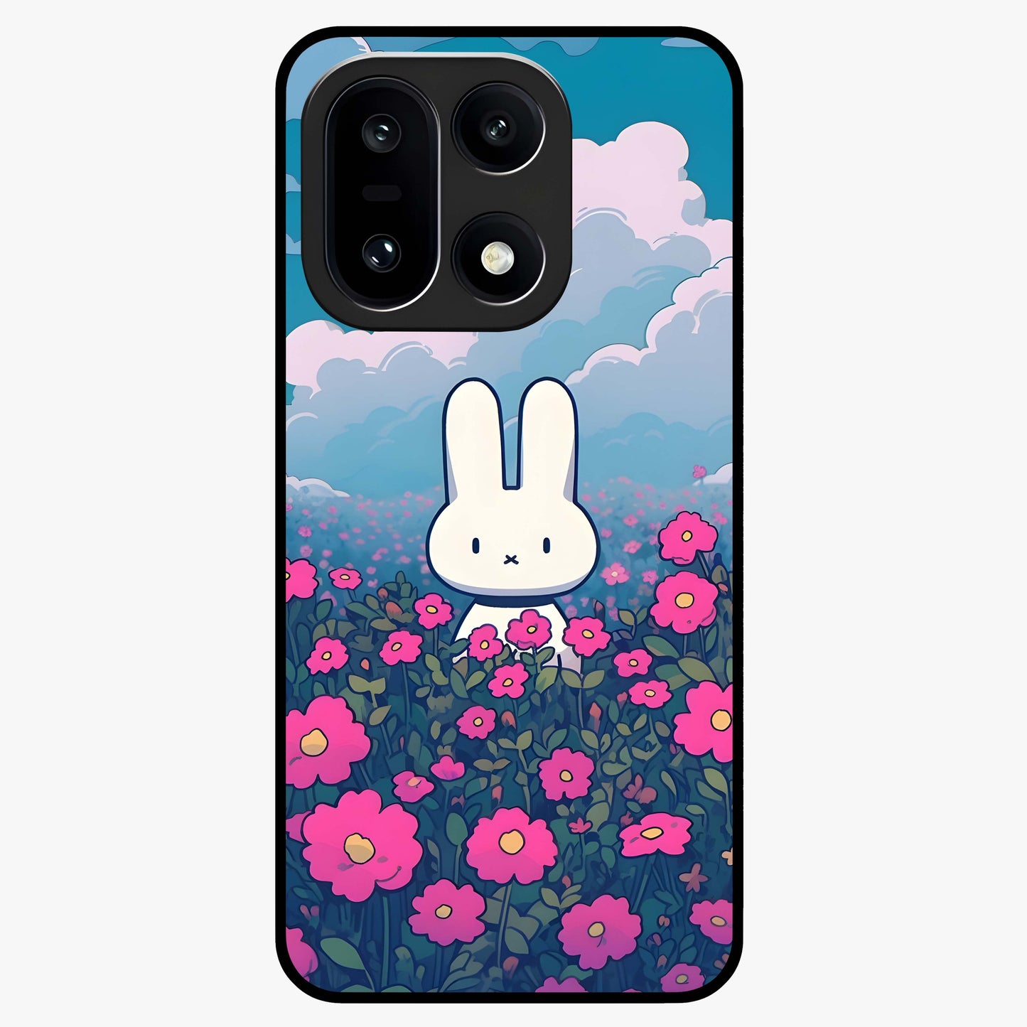 Springtime Blossom Bunny Glass Case for 1+15 adorable front view featuring bunny artwork with spring floral accents