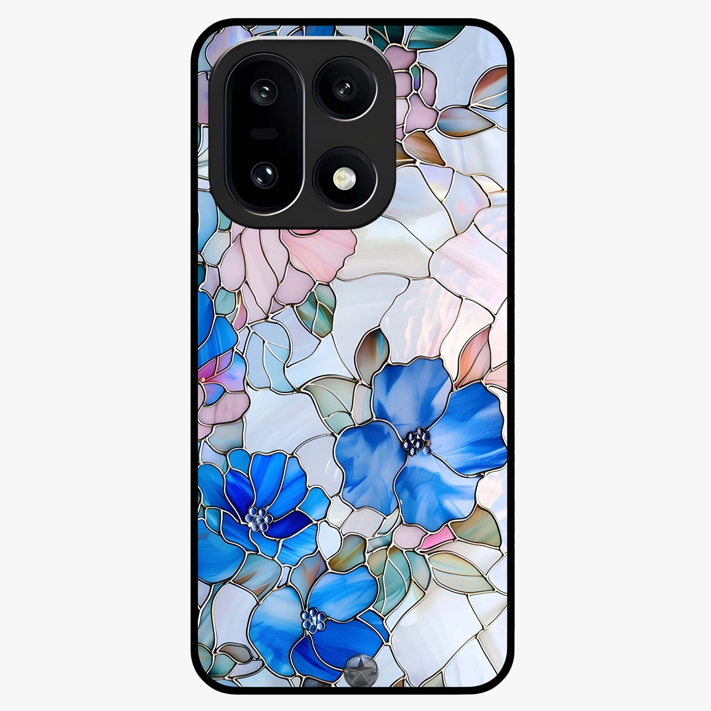 Stained Blue Floral Glass Case for 1+15 elegant front view featuring blue stained glass inspired floral artwork