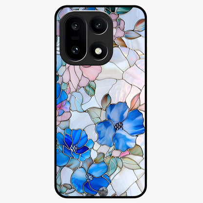 Stained Blue Floral Glass Case for 1+15 elegant front view featuring blue stained glass inspired floral artwork