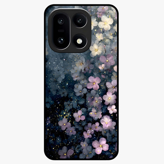 Starlit Blossom Dreams Glass Case for 1+15 dreamy front view featuring floral artwork under sparkling night sky
