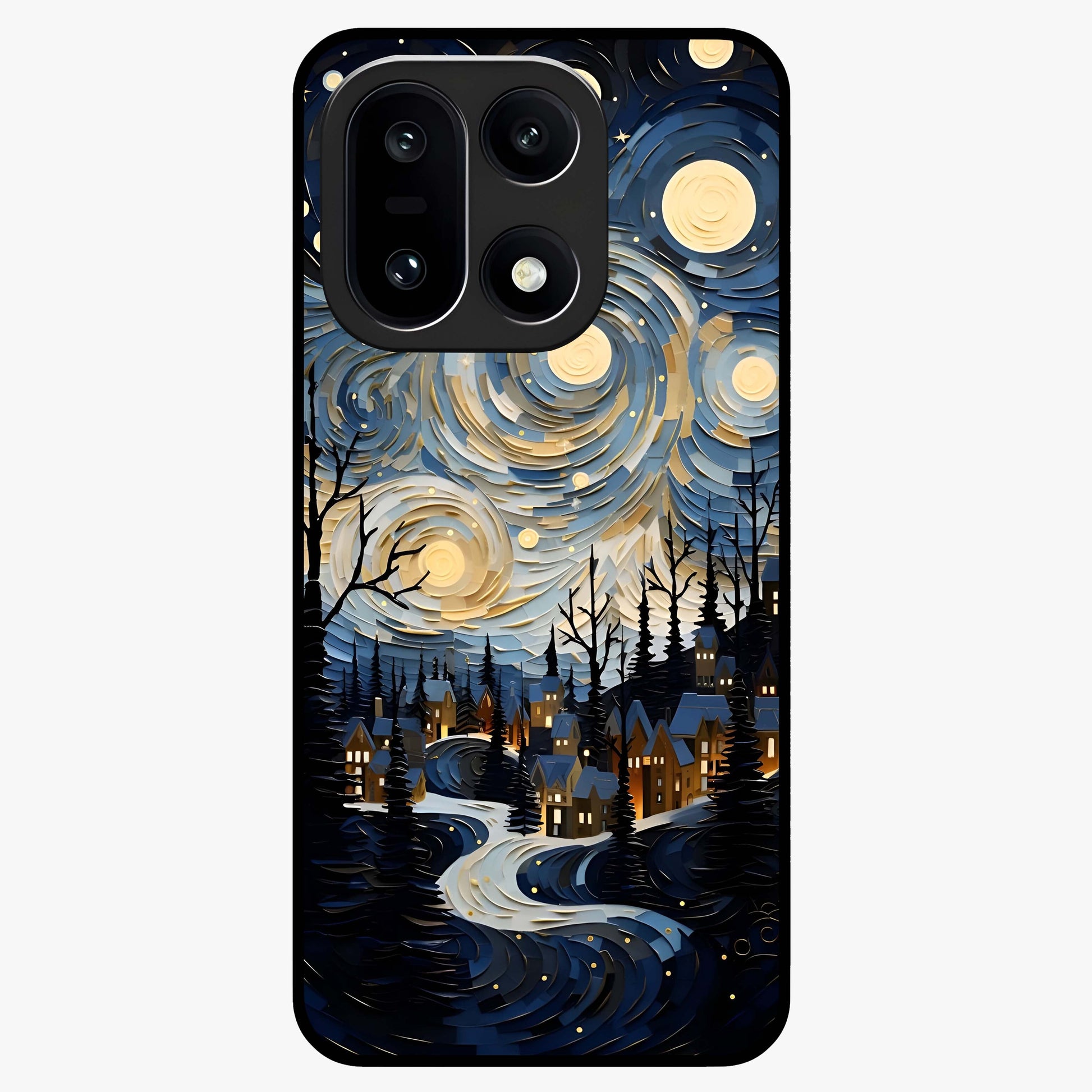 Starry Winter Town Glass Case for 1+15 scenic front view featuring snowy town artwork under sparkling night sky