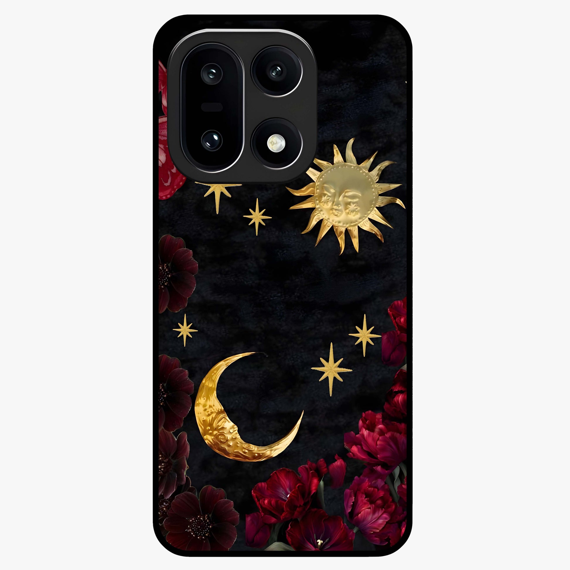 Sun Moon Flowers Glass Case for 1+15 artistic front view featuring floral artwork with sun and moon accents