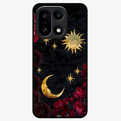 Sun Moon Flowers Glass Case for 1+15 artistic front view featuring floral artwork with sun and moon accents