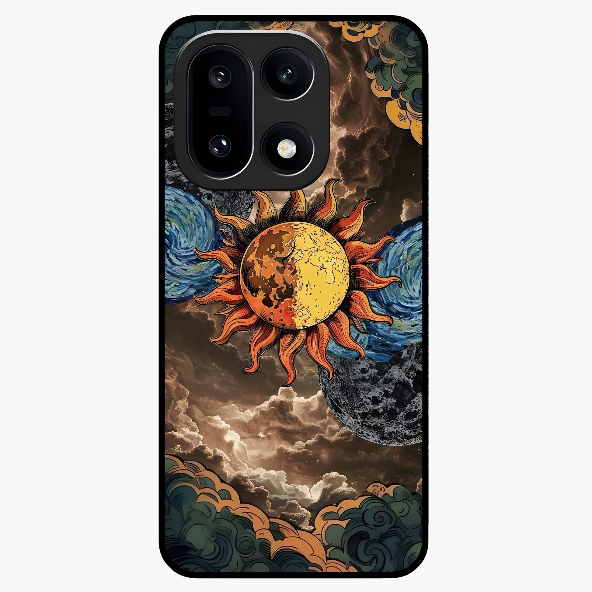 Sun Moon Stormy Sky Glass Case for 1+15 dramatic front view featuring sun and moon artwork over stormy sky