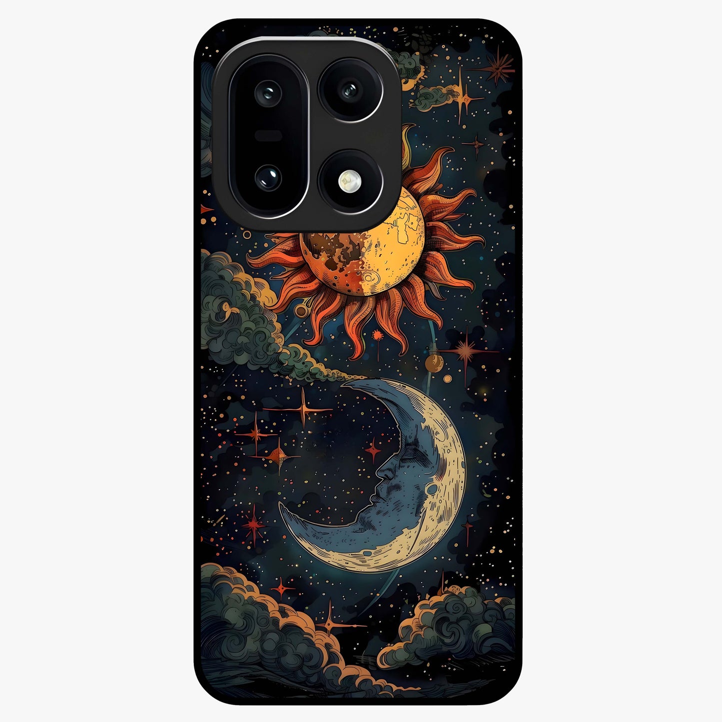 Sun and Moon Magic Design Glass Case for 1+15 artistic front view featuring symbolic sun and moon artwork