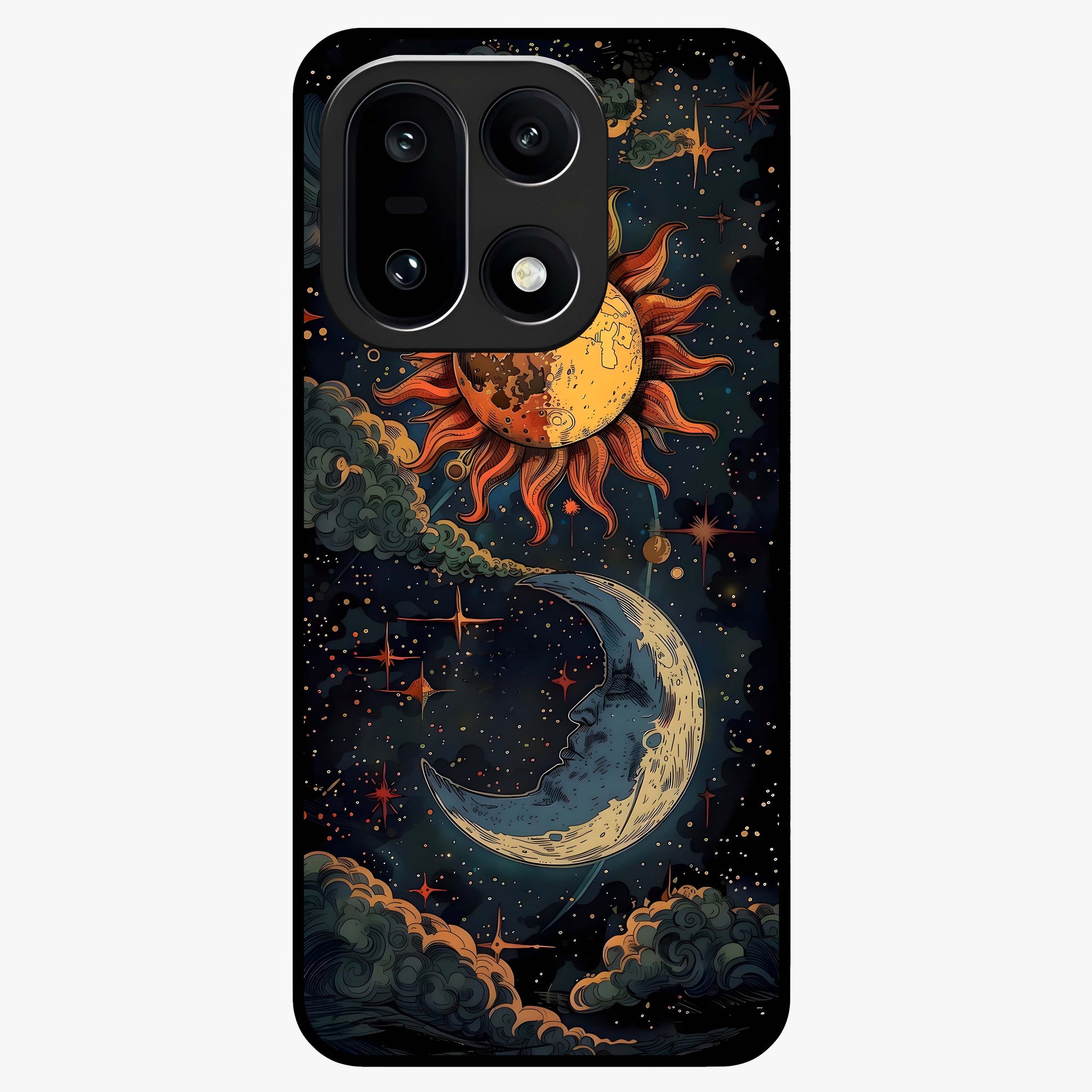 Sun and Moon Magic Design Glass Case for 1+15 artistic front view featuring symbolic sun and moon artwork