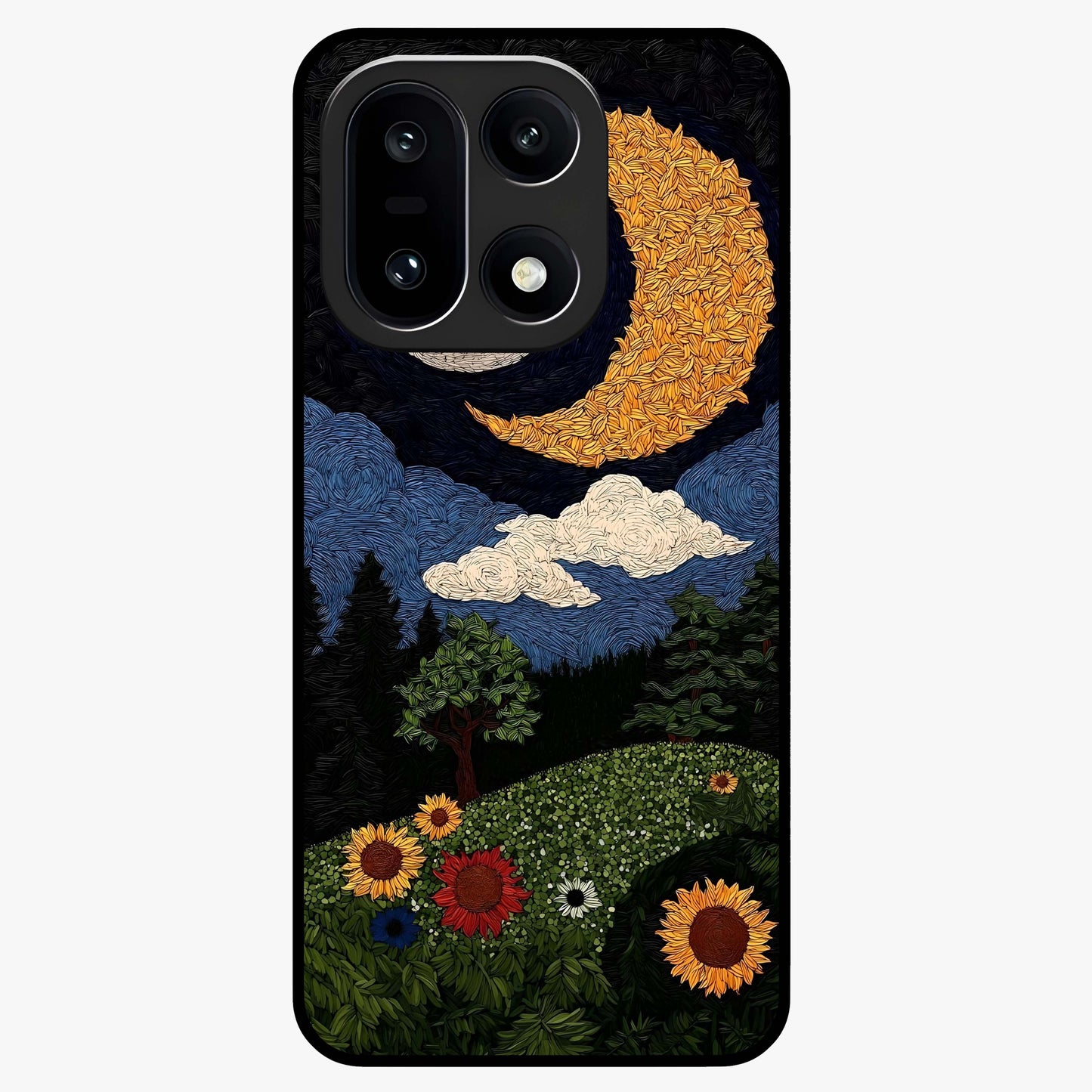 Sun and Moonflowers Glass Case for 1+15 vibrant front view featuring floral artwork blended with sun and moon elements