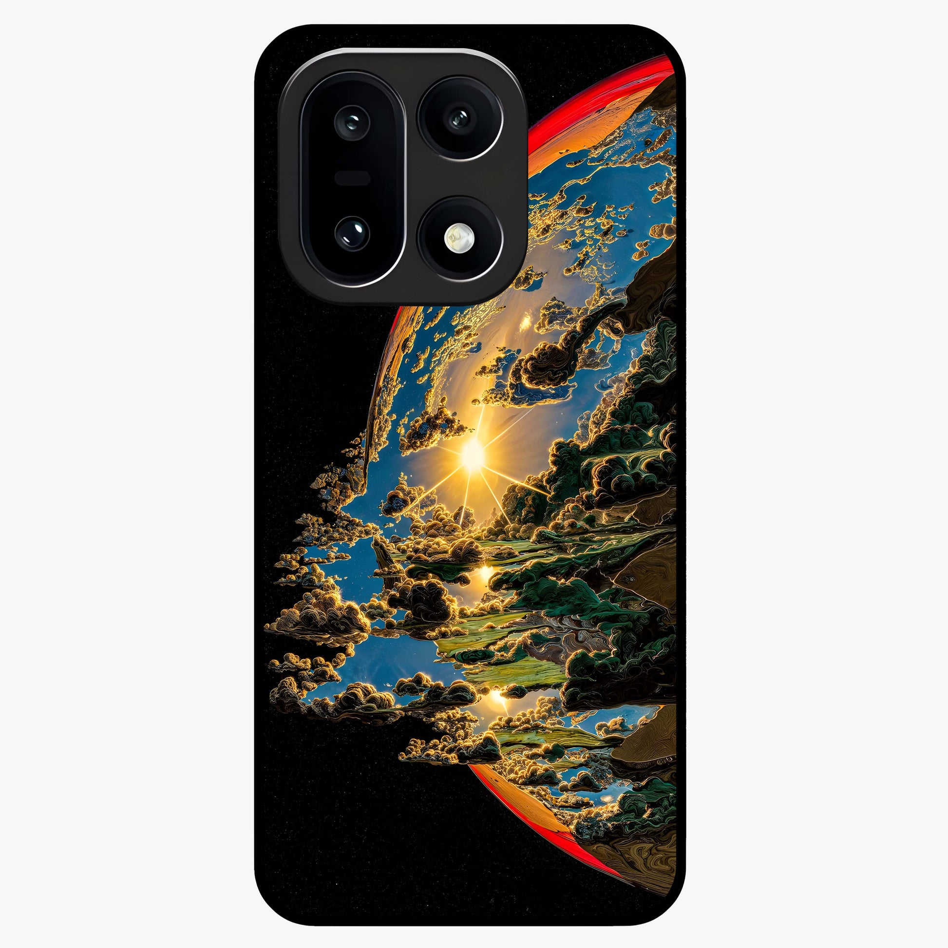 Sunrise Bursting Glass Case for 1+15 radiant front view featuring vibrant sunrise inspired artwork